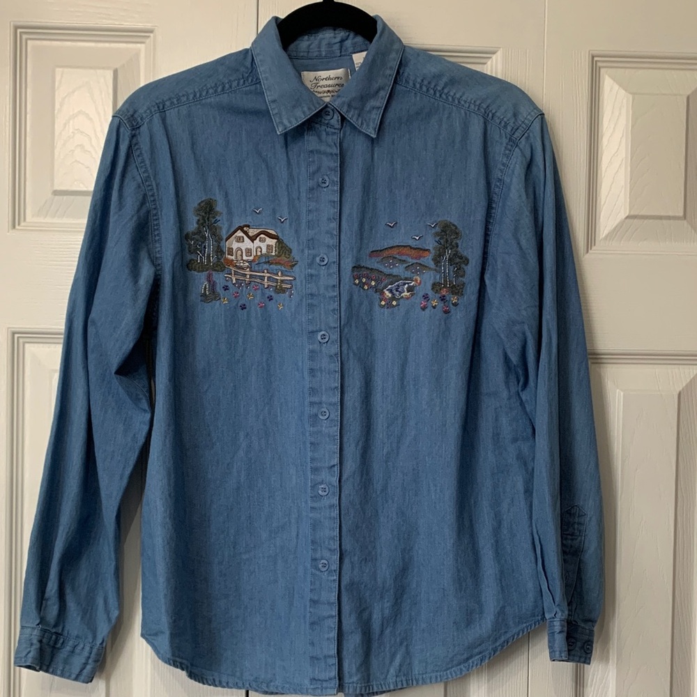 Vintage Northern Reflections Blue Denim Embroidered Shirt Size XS